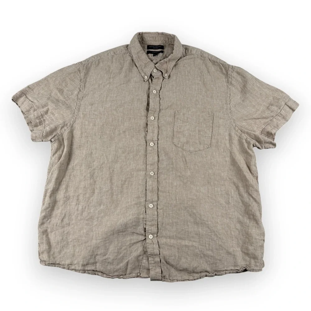 Banana Republic Shirt Mens XXL Tan Linen Button Down Short Sleeve Standard Fit‎